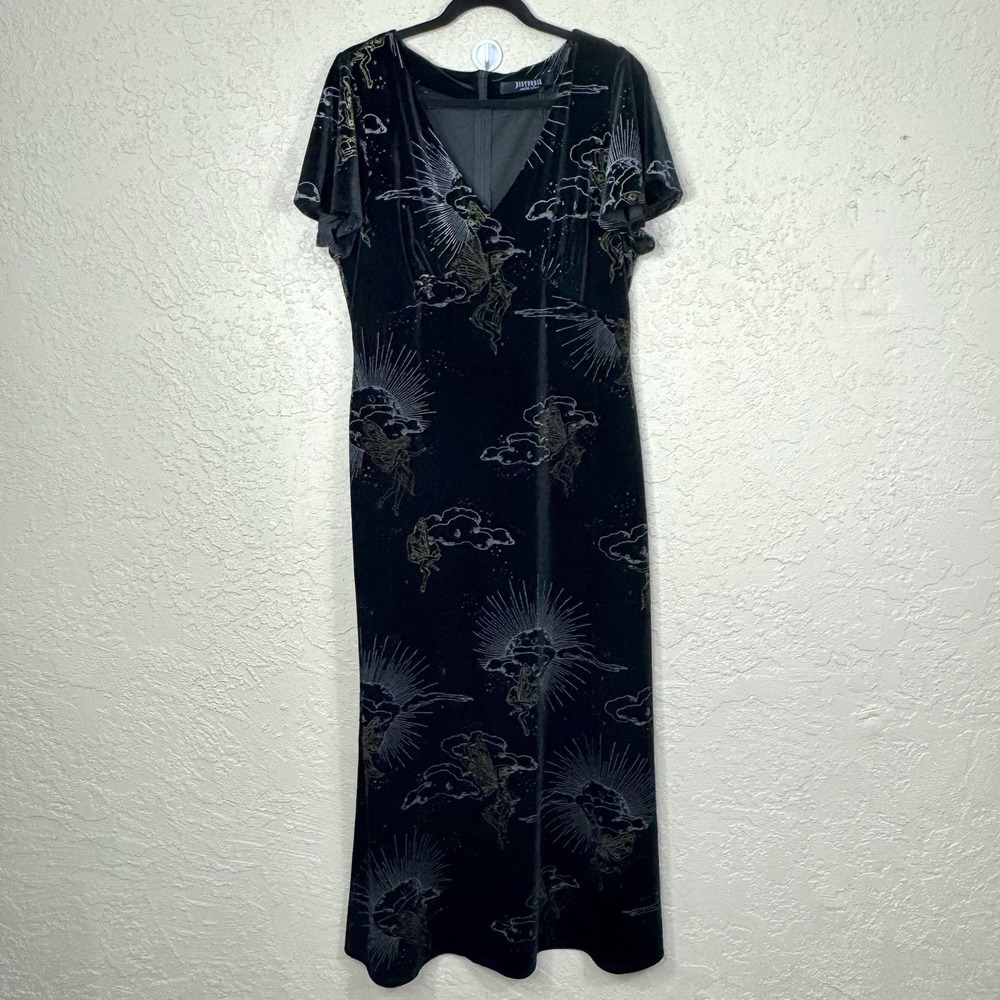 Disturbia Fairy Print Midaxi Dress Black Velour Size 12 Whimsigoth Celestial NWT